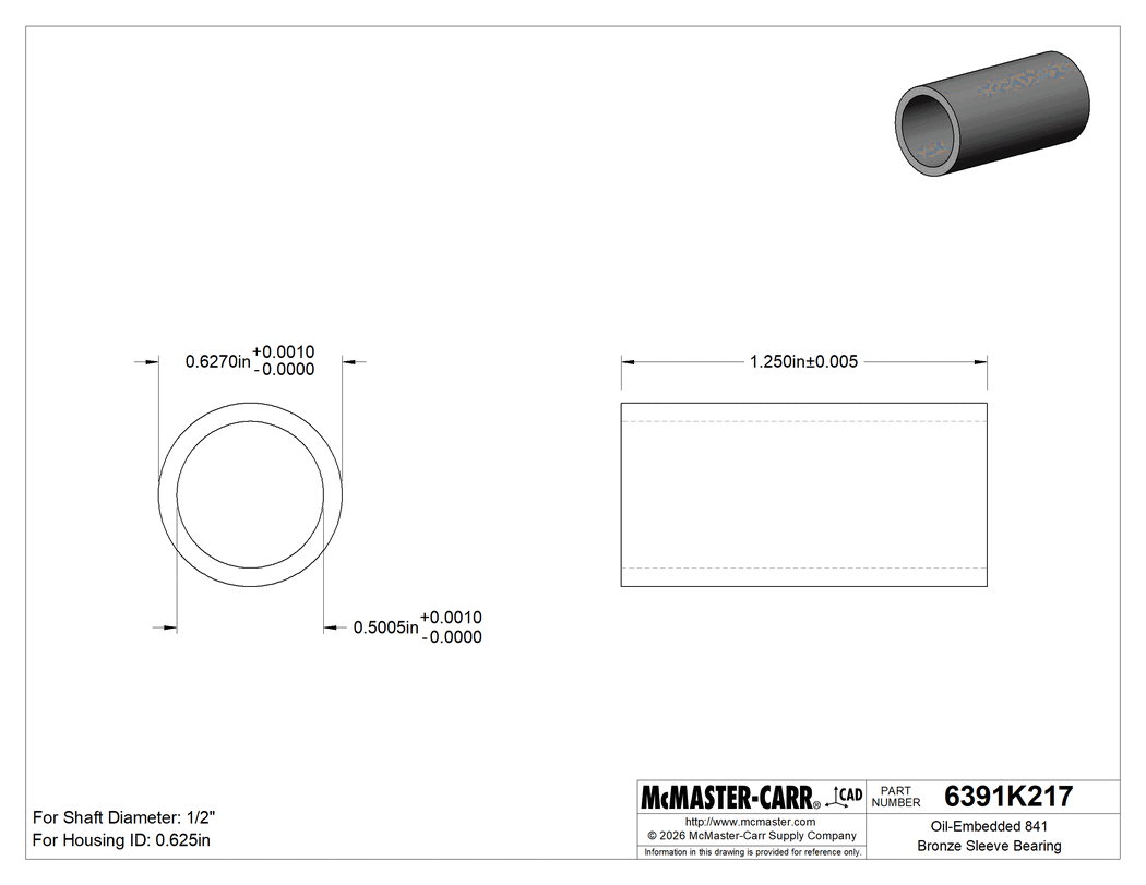 Technical Drawing of Oil-Embedded 841 Bronze Sleeve Bearing, for 1/2" Shaft Diameter and 5/8" Housing ID, 1-1/4" Long.